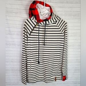 AMPERSAND AVE Black and White Striped Hoodie with Red Accents